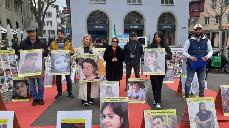 Zurich, Switzerland—April 18, 2023: MEK Supporters Held an Exhibition in Support of the Iran Revolution