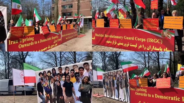 The Hague, the Netherlands—April 8, 2023: Freedom-loving Iranians, supporters of the People's Mojahedin Organization of Iran (PMOI/MEK) held a rally in solidarity with the Iranian Revolution.