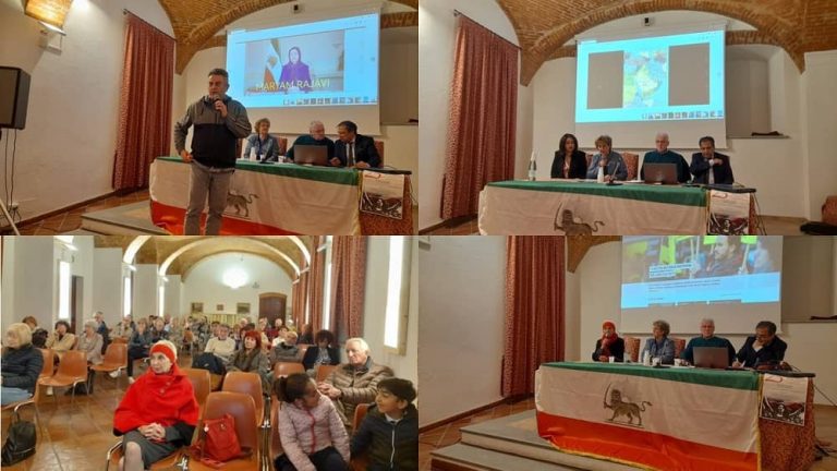 Verzuolo, Italy – April 14, 2023: A meeting was held by the partisan association and the Italian branch of Amnesty International to support the Iranian people's recent uprising. Ms. Anna Bonetto, the representative of the partisan association, referred to the leading role of women in the current uprising and expressed her support for the demands of the protesters for freedom.