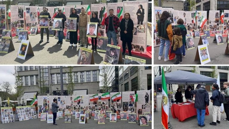 Zurich, Switzerland—April 25, 2023: Freedom-loving Iranians, supporters of the People's Mojahedin Organization of Iran (PMOI/MEK) held an exhibition of the martyrs of the nationwide protests killed by the mullahs' regime in solidarity with the Iranian Revolution.