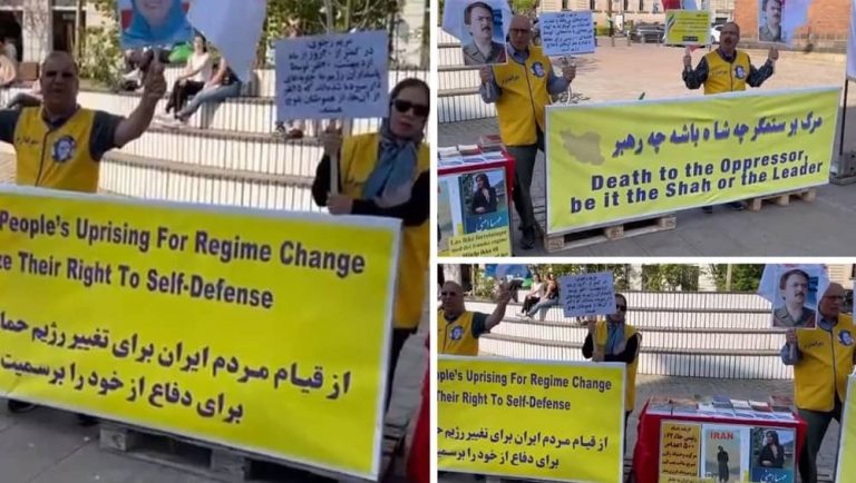Aarhus, Denmark—May 11, 2023: Supporters of the People's Mojahedin Organization of Iran (PMOI/MEK) and freedom-loving Iranians gathered to show their solidarity with the ongoing Iranian Revolution.