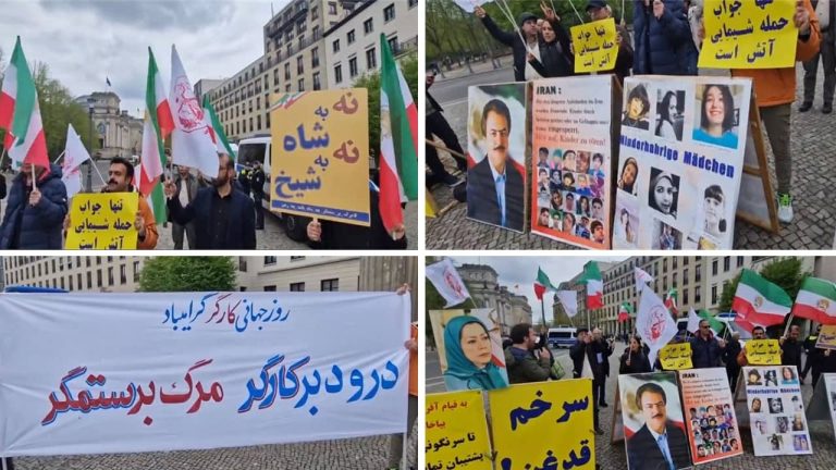 Berlin, Germany—April 29, 2023: Freedom-loving Iranians, supporters of the People's Mojahedin Organization of Iran (PMOI/MEK) held a rally in solidarity with the Iranian Revolution. They celebrated International Workers' Day, and expressed their solidarity with the Iranian workers' strike across the country.
