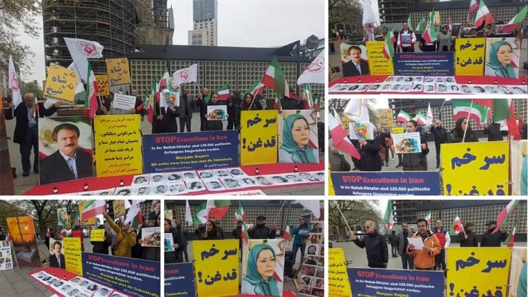 Berlin, Germany—May 6, 2023: Freedom-loving Iranians, and supporters of the People's Mojahedin Organization of Iran (PMOI/MEK) held a rally in solidarity with the Iranian Revolution.