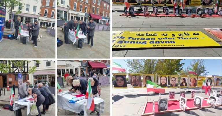Berlin and Southampton—May 9, 2023: Freedom-loving Iranians, supporters of the People's Mojahedin Organization of Iran (PMOI/MEK) held exhibitions of the martyrs of the nationwide protests killed by the mullahs' regime in solidarity with the Iranian Revolution.