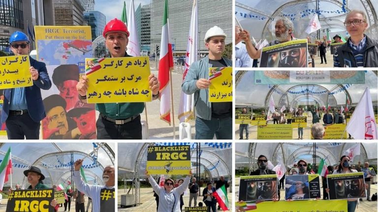 Brussels, Belgium—May 4, 2023: Freedom-loving Iranians, and supporters of the People’s Mojahedin Organization of Iran (PMOI/MEK), rallied in support of the nationwide Iran protests. They also called to the EU to designate the IRGC as a terrorist organization. Furthermore, Iranian Resistance supporters in Brussels expressed their solidarity with the Iranian workers' strike across the country.