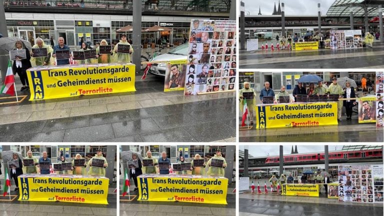 Cologne, Germany—May 6, 2023: Freedom-loving Iranians and supporters of the People's Mojahedin Organization of Iran (PMOI/MEK) held a rally in solidarity with the Iranian Revolution.