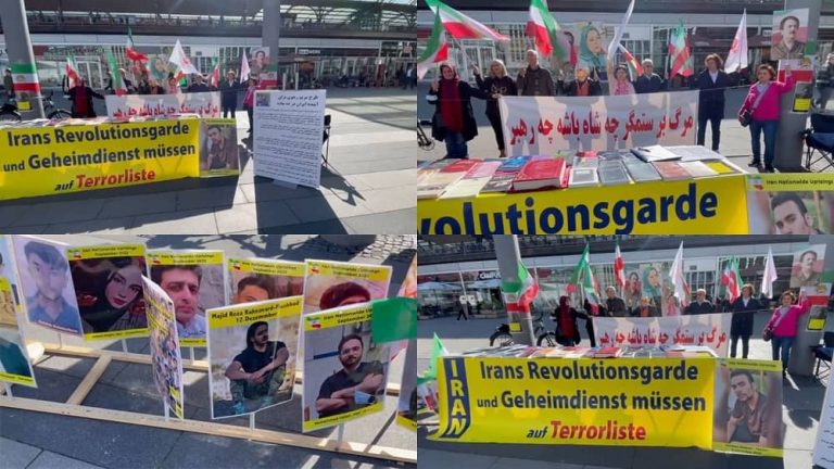 Cologne, Germany—May 3, 2023: Freedom-loving Iranians, supporters of the People's Mojahedin Organization of Iran (PMOI/MEK) held a rally in support of the Iranian Revolution.