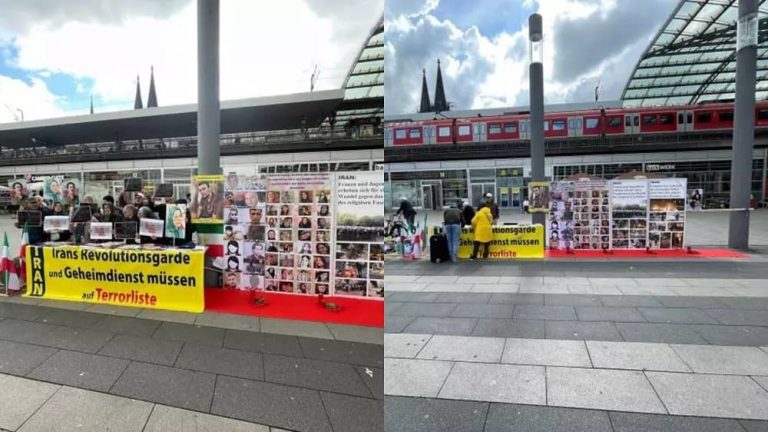 Cologne, Germany—May 10, 2023: Freedom-loving Iranians and supporters of the People's Mojahedin Organization of Iran (PMOI/MEK) held a rally in solidarity with the Iranian Revolution.