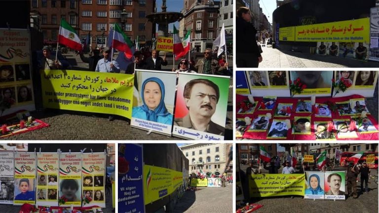 Copenhagen, Denmark—May 12, 2023: Supporters of the People's Mojahedin Organization of Iran (PMOI/MEK) and freedom-loving Iranians gathered to show their solidarity with the ongoing Iranian Revolution.