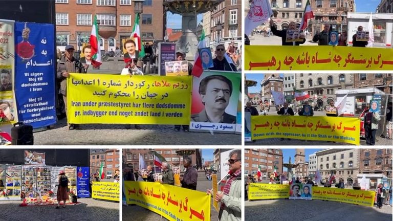Copenhagen, Denmark—May 20, 2023: Freedom-loving Iranians and supporters of the People's Mojahedin Organization of Iran (PMOI/MEK) held rallies against the mullahs’ regime. Iranian community in Copenhagen condemned the Execution of three protesters (Saleh Mirhashemi, Saeed Yaghoubi, and Majid Kazemi). They also express their solidarity with the ongoing Iranian Revolution.