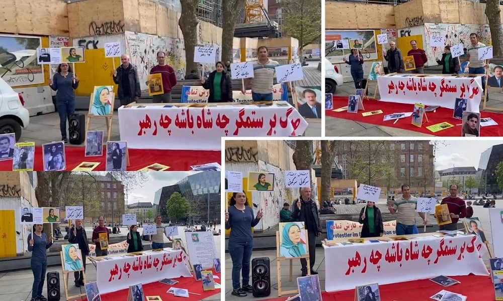Freiburg, Germany—April 29, 2023: Freedom-loving Iranians, supporters of the People's Mojahedin Organization of Iran (PMOI/MEK) held a rally in solidarity with the Iranian Revolution. They celebrated International Workers' Day, and expressed their solidarity with the Iranian workers' strike across the country.