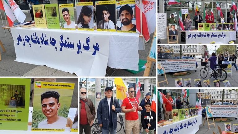 Heidelberg, Germany—May 13, 2023: Supporters of the People's Mojahedin Organization of Iran (PMOI/MEK) and freedom-loving Iranians gathered to show their solidarity with the ongoing Iranian Revolution. They Also Condemned Recent Brutal Executions in Iran by the Mullahs' Regime.