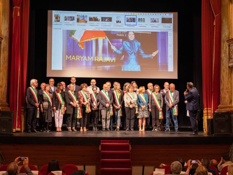 Italy, Piedmont, Cuneo - May 6, 2023: The governor and 22 mayors of Italy's Piedmont region gathered in Cuneo, Ashraf's sister city, supporting the Iranian people’s uprising and the National Council of Resistance of Iran (NCRI). They declared their full support of the NCRI’s President-elect, Mrs. Maryam Rajavi, and her ten-point plan for the future of Iran.