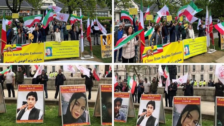 London and Brussels—May 12-13, 2023: Supporters of the People's Mojahedin Organization of Iran (PMOI/MEK) and freedom-loving Iranians gathered to show their solidarity with the ongoing Iranian Revolution. They Also Condemned Recent Brutal Executions in Iran by the Mullahs' Regime.