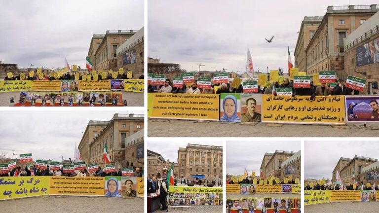 Stockholm, Sweden—April 29, 2023: Freedom-loving Iranians, supporters of the People's Mojahedin Organization of Iran (PMOI/MEK) held a rally in front of the Swedish parliament in solidarity with the Iranian Revolution. They celebrated International Workers’ Day, and expressed their solidarity with the Iranian workers’ strike across the country.