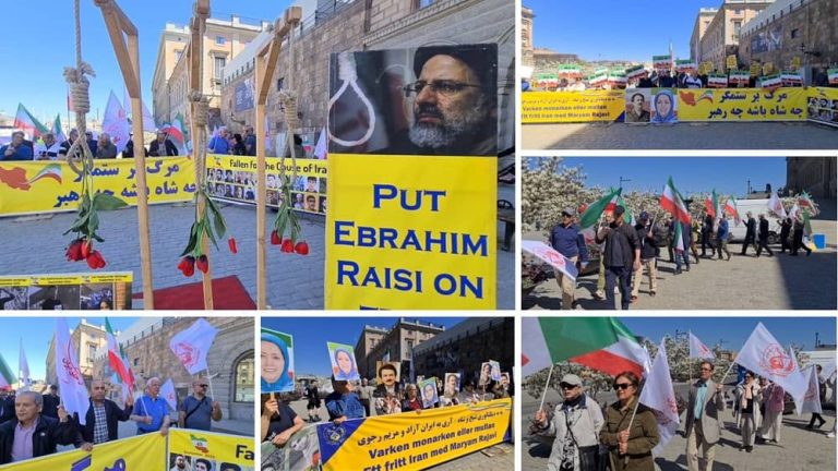 Stockholm, Sweden—May 13, 2023: Freedom-loving Iranians, supporters of the People's Mojahedin Organization of Iran (PMOI/MEK) held a rally in front of the Swedish parliament in solidarity with the Iranian Revolution.