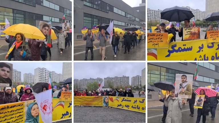Stockholm, Sweden—May 16, 2023: Freedom-loving Iranians, and supporters of the People's Mojahedin Organization of Iran (PMOI/MEK) held a rally on the tenth session of the appeal trial of the executioner Hamid Noury in front of the court. They are seeking justice for more than 30,000 martyrs of the 1988 massacre.