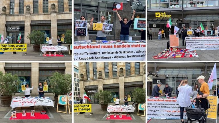 Stuttgart and Karlsruhe—May 20, 2023: Freedom-loving Iranians and supporters of the People's Mojahedin Organization of Iran (PMOI/MEK) held rallies against the mullahs’ regime. Iranian communities in Stuttgart and Karlsruhe condemned the Execution of three protesters (Saleh Mirhashemi, Saeed Yaghoubi, and Majid Kazemi). They also express their solidarity with the ongoing Iranian Revolution.