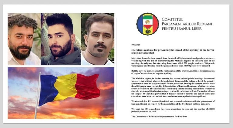 The committee of Romanian Representatives for Free Iran issued a statement and strongly condemned the execution of three young Iranian protesters by the mullahs' regime. They also condemned the ongoing wave of executions carried out by the Iranian regime.