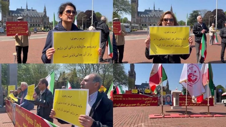 The Hague, The Netherlands—May 13, 2023: Supporters of the People's Mojahedin Organization of Iran (PMOI/MEK) and freedom-loving Iranians gathered to show their solidarity with the ongoing Iranian Revolution. They Also Condemned Recent Brutal Executions in Iran by the Mullahs' Regime.