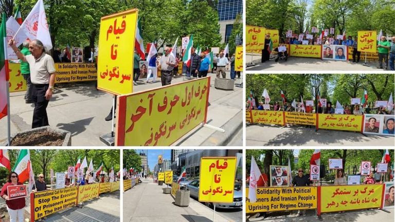 Toronto—May 13, 2023: Supporters of the People's Mojahedin Organization of Iran (PMOI/MEK) and freedom-loving Iranians gathered to show their solidarity with the ongoing Iranian Revolution. They Also Condemned Recent Brutal Executions in Iran by the Mullahs' Regime.