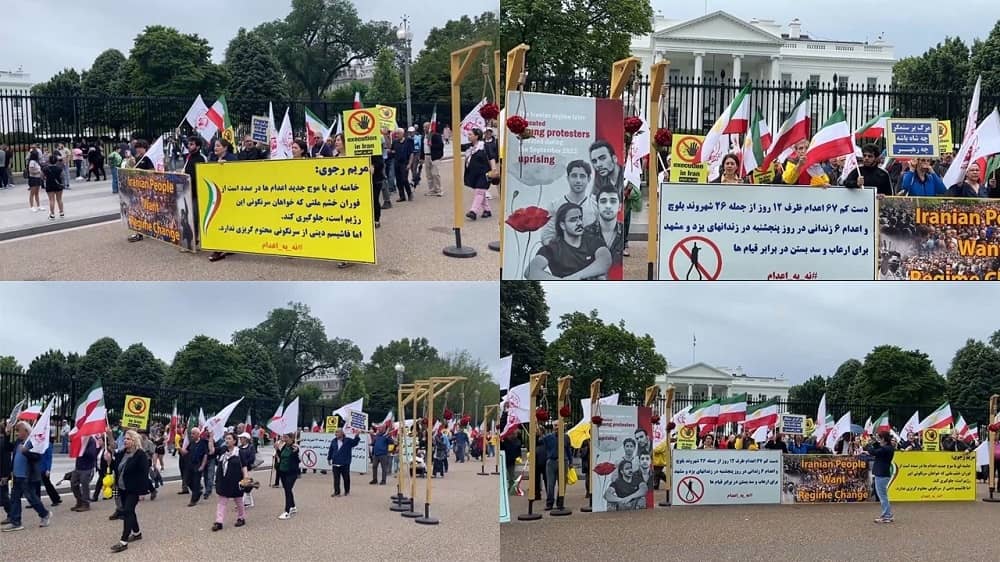 Washington, DC—May 13, 2023: Freedom-Loving Iranians and MEK Supporters Demonstrated in Front of the White House in Support of the Iran Revolution. The Iranian-American Community Condemned Brutal Executions in Iran by the Mullahs' Regime.