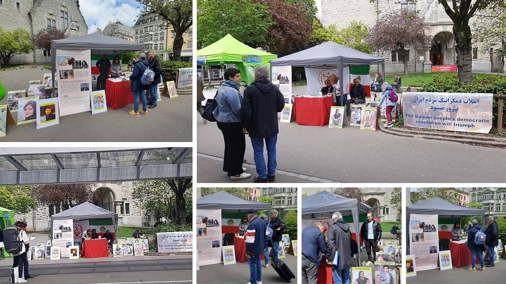 Zurich, Switzerland—May 3, 2023: Freedom-loving Iranians, supporters of the People's Mojahedin Organization of Iran (PMOI/MEK) held an exhibition of the martyrs of the nationwide protests killed by the mullahs' regime in solidarity with the Iranian Revolution.