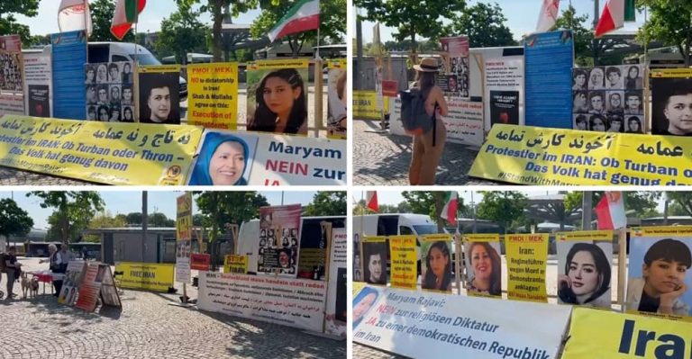 Berlin, Germany—June 9, 2023: Freedom-loving Iranians and supporters of the People’s Mojahedin Organization of Iran (PMOI/MEK) held a photo exhibition of the Iranian uprising's martyrs in solidarity with the Iran Revolution.