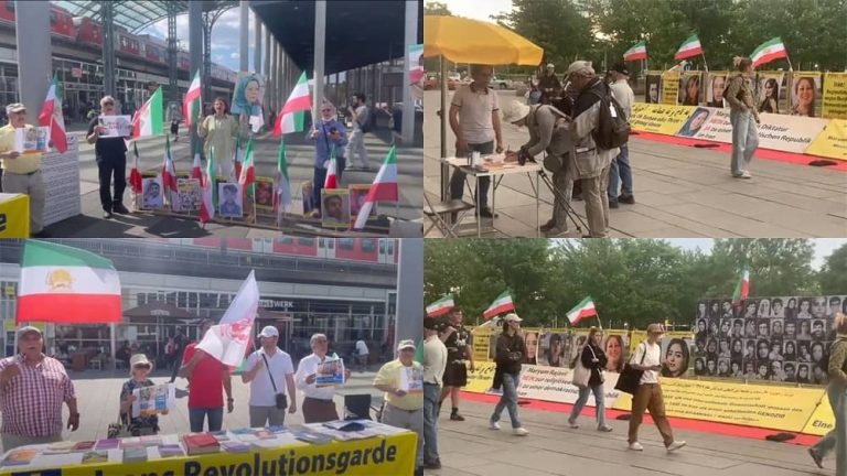 Berlin and Cologne—June 14, 2023: Freedom-loving Iranians and supporters of the People’s Mojahedin Organization of Iran (PMOI/MEK) held rallies and photo exhibitions of the Iranian uprising martyrs in solidarity with the Iran Revolution.