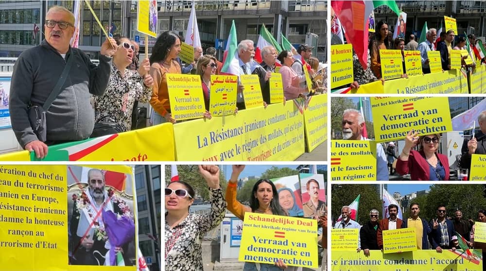 Brussels—May 30, 2023:  Supporters of the People’s Mojahedin Organization of Iran (PMOI/MEK) and freedom-loving Iranians held a protest rally against the appeasement policy and the release of Iran's regime diplomat-terrorist Assadollah Assadi. They also supported the Iran Revolution and demanded to blacklist the IRGC.