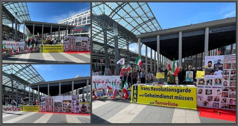 Cologne, Germany—May 31, 2023:  Freedom-loving Iranians and supporters of the People’s Mojahedin Organization of Iran (PMOI/MEK) held a protest rally against the appeasement policy and the release of Iran's regime diplomat-terrorist Assadollah Assadi. Iranian community in Cologne also express their solidarity with the ongoing Iranian Revolution and demanded to blacklist the IRGC.