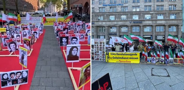 Cologne and Hamburg—June 10, 2023: Freedom-loving Iranians and supporters of the People’s Mojahedin Organization of Iran (PMOI/MEK) held rallies and photo exhibitions of the Iranian uprising martyrs in solidarity with the Iran Revolution.