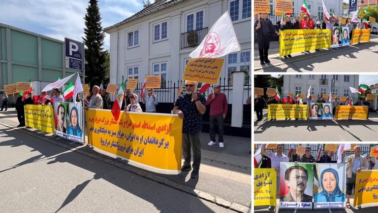 Copenhagen, Denmark—May 31, 2023:  Supporters of the People’s Mojahedin Organization of Iran (PMOI/MEK) and freedom-loving Iranians held a protest rally against the appeasement policy and the release of Iran's regime diplomat-terrorist Assadollah Assadi.