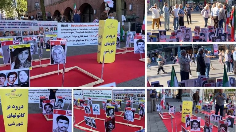 Hamburg, Germany—June 5, 2023: Freedom-loving Iranians and supporters of the People’s Mojahedin Organization of Iran (PMOI/MEK) held a photo exhibition of the Iranian uprising's martyrs in solidarity with the Iran Revolution.