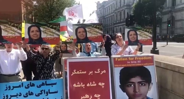 London, England—June 10, 2023: Freedom-loving Iranians and supporters of the People’s Mojahedin Organization of Iran (PMOI/MEK) held a rally in solidarity with the Iran Revolution.