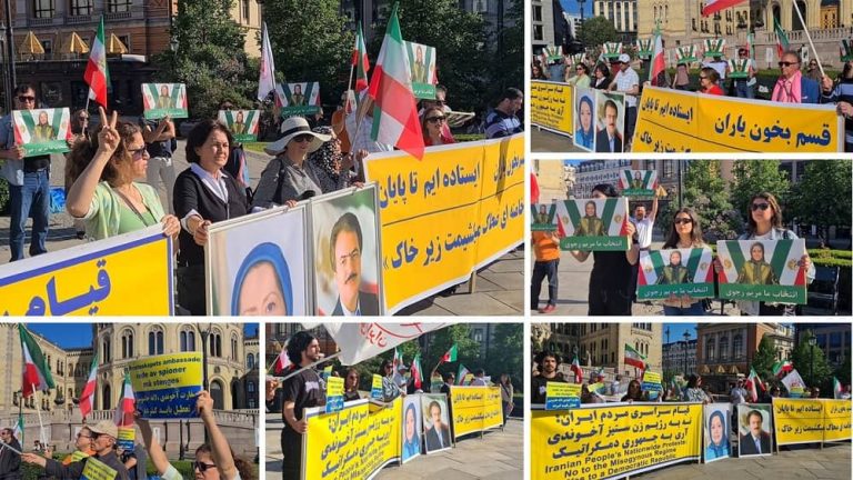 Oslo, Norway—June 10, 2023: Freedom-loving Iranians and supporters of the People’s Mojahedin Organization of Iran (PMOI/MEK) held a rally in front of the Norwegian Parliament in solidarity with the Iran Revolution. Iranian-Norwegian community supported Mrs. Maryam Rajavi and her 10-point plan for future Iran.