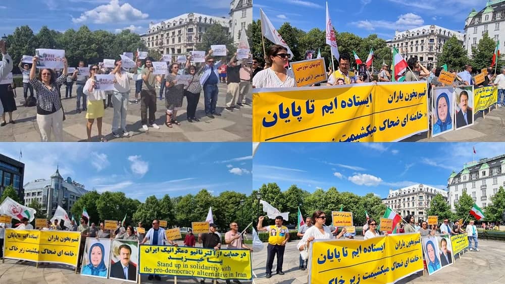 Oslo, Norway—June 17, 2023: Freedom-loving Iranians and supporters of the People’s Mojahedin Organization of Iran (PMOI/MEK) held a rally in front of the Norwegian Parliament in solidarity with the Iran Revolution.