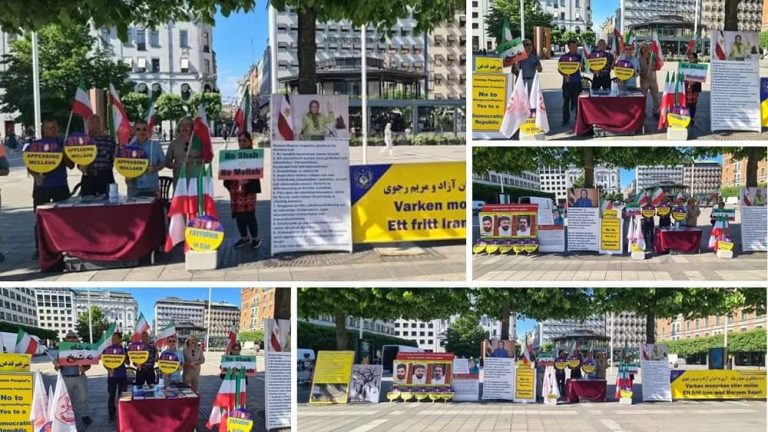 Stockholm, Sweden—June 14, 2023: Freedom-loving Iranians and supporters of the People’s Mojahedin Organization of Iran (PMOI/MEK) held a rally, book, and photo exhibition of the Iranian uprising's martyrs in solidarity with the Iran Revolution.