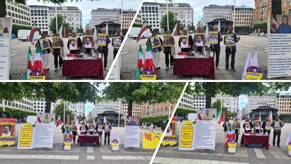 Stockholm, Sweden—June 8, 2023: Freedom-loving Iranians and supporters of the People’s Mojahedin Organization of Iran (PMOI/MEK) held a rally, book, and photo exhibition of the Iranian uprising's martyrs in solidarity with the Iran Revolution.