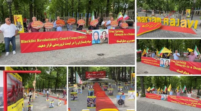 The Hague, The Netherlands—June 17, 2023:  Supporters of the People’s Mojahedin Organization of Iran (PMOI/MEK) and freedom-loving Iranians held a rally and a photo exhibition of the Iranian uprising martyrs in solidarity with the Iran Revolution.