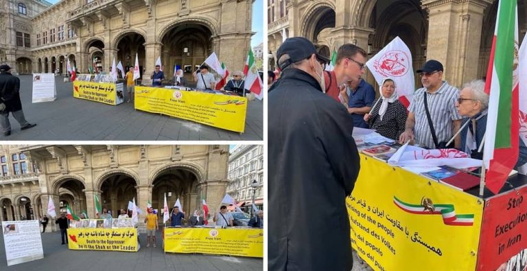 Vienna, Austria—June 3, 2023: Freedom-loving Iranians and supporters of the People’s Mojahedin Organization of Iran (PMOI/MEK) held a rally and expressed their solidarity with the Iranian Revolution.