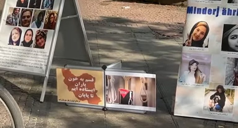 Berlin, Germany—July 14, 2023: Freedom-loving Iranians and supporters of the People’s Mojahedin Organization of Iran (PMOI/MEK) held a photo exhibition of the Iranian uprising's martyrs in solidarity with the Iran Revolution.