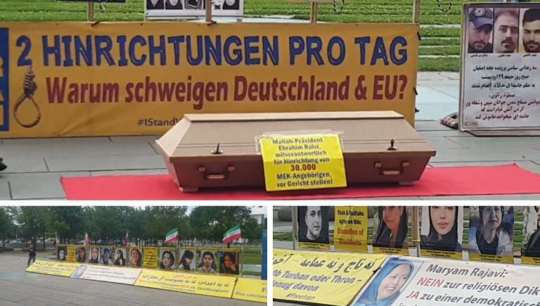Berlin, Germany—July 6, 2023: Freedom-loving Iranians and supporters of the People’s Mojahedin Organization of Iran (PMOI/MEK) held a photo exhibition of the Iranian uprising's martyrs in solidarity with the Iran Revolution.