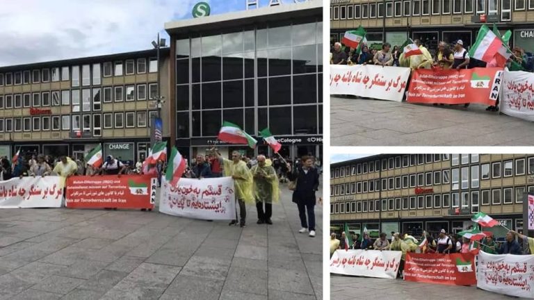 Cologne, Germany—July 29, 2023: Freedom-loving Iranians and supporters of the People’s Mojahedin Organization of Iran (PMOI/MEK) held a rally in solidarity with the Iran Revolution.
