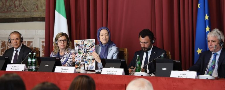 Rome, Italy - July 12, 2023: Mrs. Maryam Rajavi, the President-elect of the National Council of Resistance of Iran (NCRI), delivered a speech at the Italian Parliament, urging international support for the Iranian uprising.