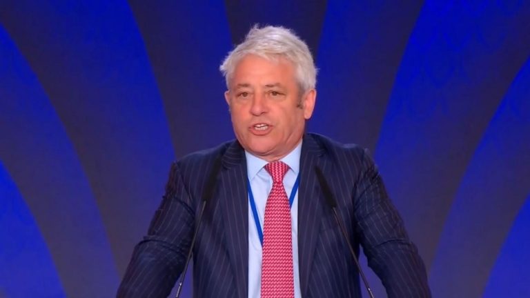 Former UK Speaker of the House of Commons John Bercow addressed the first day of The Free Iran World Summit on July 1, 2023.