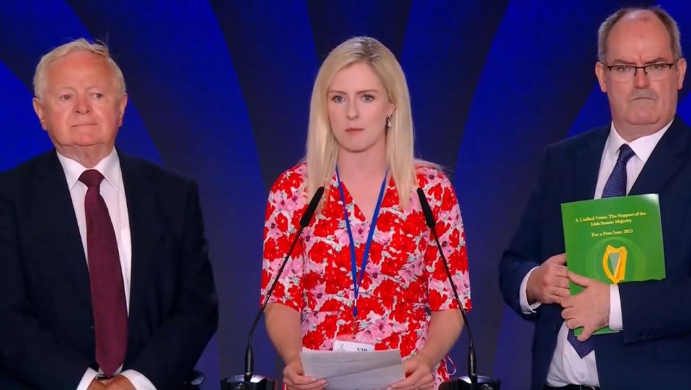 Irish Senate Leader Lisa Chambers addressed the first day of the Free Iran World Summit on July 1, 2023.