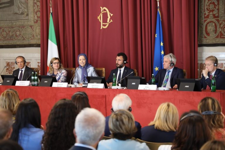 Rome, Italy - July 12, 2023: The NCRI President-elect, Mrs. Maryam Rajavi, attended a conference at the Regina Hall of the Italian Parliament upon the invitation of the Inter-Parliamentary Committee for Free Iran.