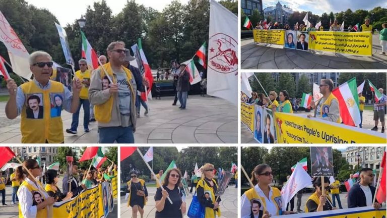 Oslo, Norway—July 28, 2023: Freedom-loving Iranians and supporters of the People’s Mojahedin Organization of Iran (PMOI/MEK) held a rally in front of the Norwegian Parliament in solidarity with the Iran Revolution.