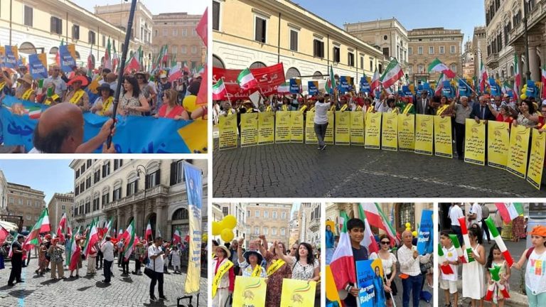 Rome, July 12, 2023: Supporters of the People's Mojahedin Organization of Iran (PMOI/MEK) and freedom-loving Iranians held a rally in front of the Italian parliament. They expressed their wholehearted support for Mrs. Rajavi and her ten-point plan for the future of Iran.